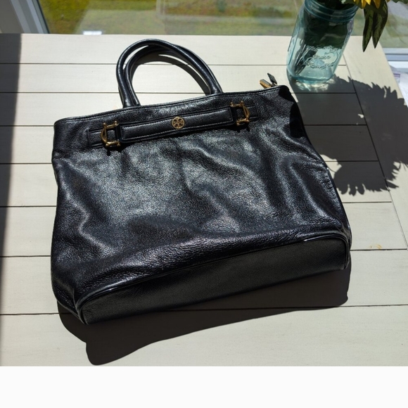 Tory Burch Horsebit Jaden Black Pebbled Leather Satchel Elegant Black Leather - Picture 1 of 4